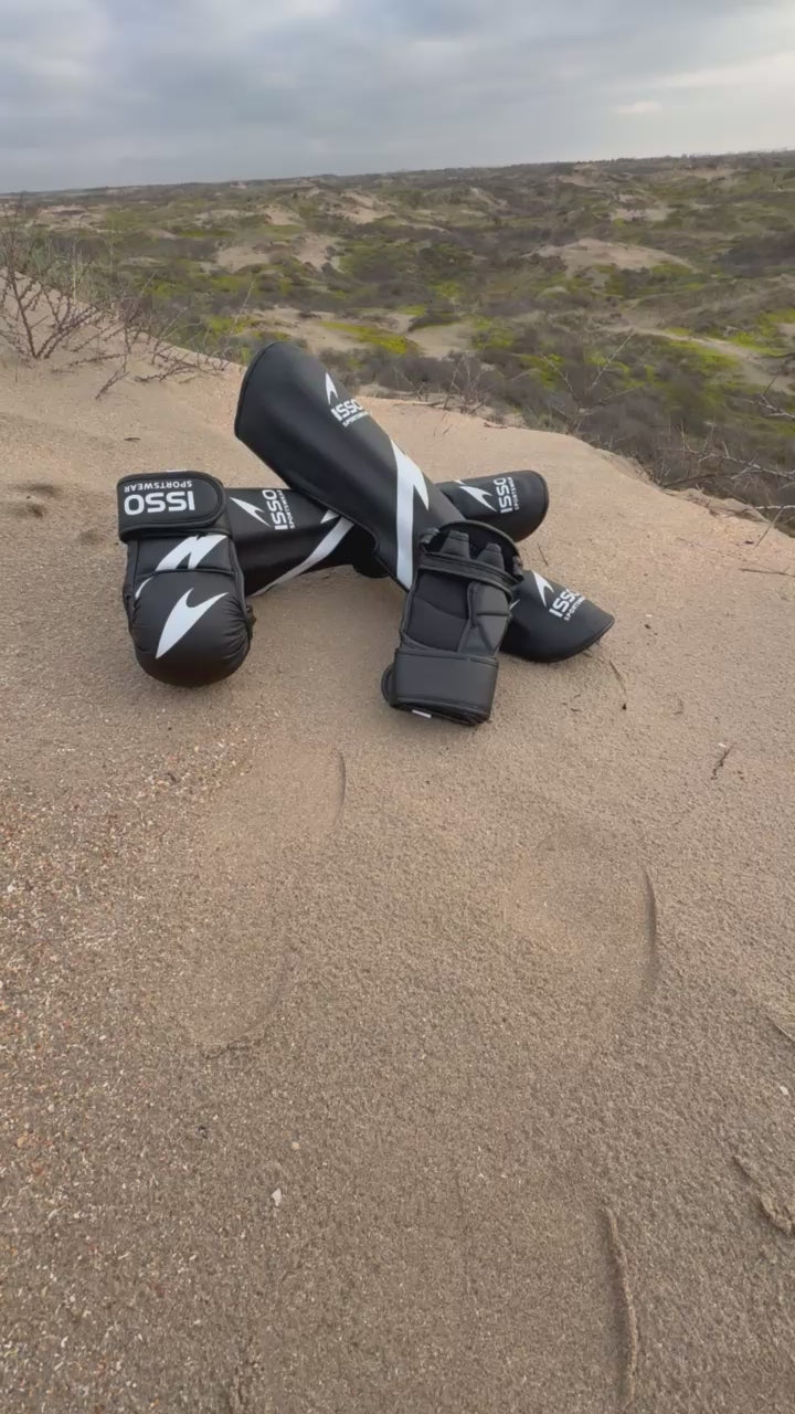ISSO Sportswear – Black MMA Sparring Set (Gloves + Shin Guards)